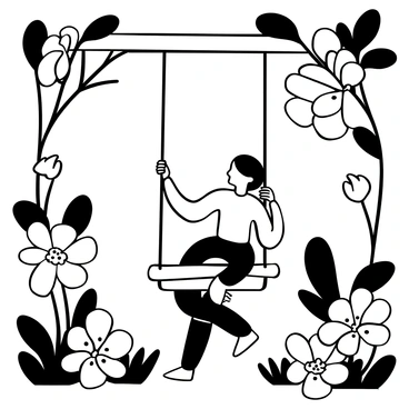 A girl sitting on a garden swing, holding the ropes with both hands. The swing is suspended from a sturdy tree branch. Surrounding the swing are large, detailed flowers with intricate petal patterns. The flowers are depicted in various shapes and sizes, some are fully open while others are in bud form. The background consists of leaves and branches that frame the scene, creating a natural setting. The overall composition emphasizes the girl enjoying her time on the swing amid the blooming flowers.