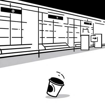 A paper coffee cup rolling on the floor of an empty subway station. The cup is white with a printed logo and has a plastic lid. The floor is made of grey tiles, and the walls of the station are lined with tiled panels. The benches are empty, and there are signs indicating train directions. A faint shadow is cast by the overhead lights. The atmosphere is quiet, emphasizing the solitude of the station.
