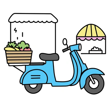 An old moped with a basket full of fresh groceries parked outside a local market