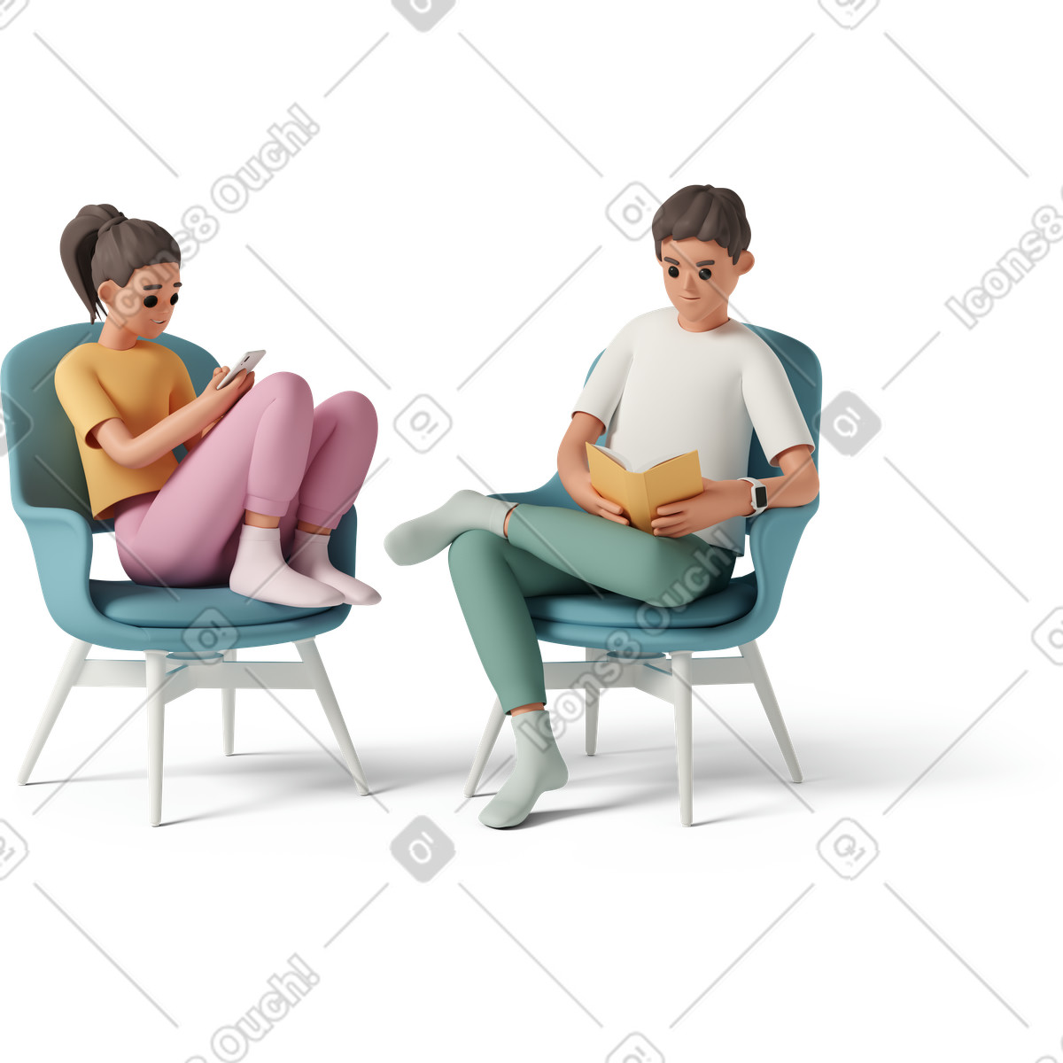 Abbinare lettura e messaggistica in un ambiente lounge, bilanciando il tempo trascorso davanti allo schermo le attività offline illustrazione stile 3D Casual life scarica PNG, SVG