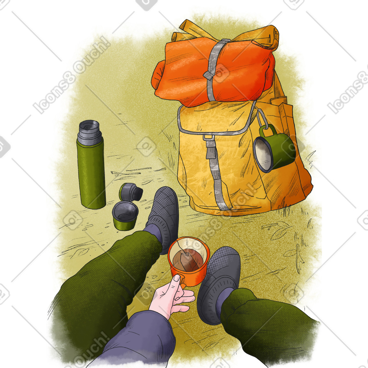下载 Moments 风格的 徒步旅行者在休息时喝茶 插画，支持 PNG、SVG 格式