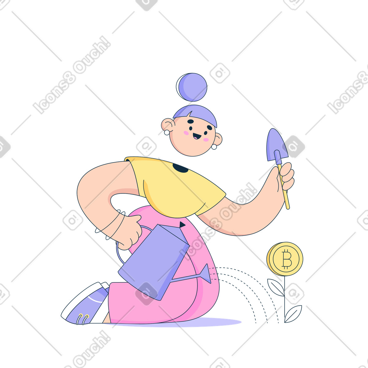 La donna felice sta coltivando bitcoin illustrazione in stile Bubble gum scarica in PNG, SVG