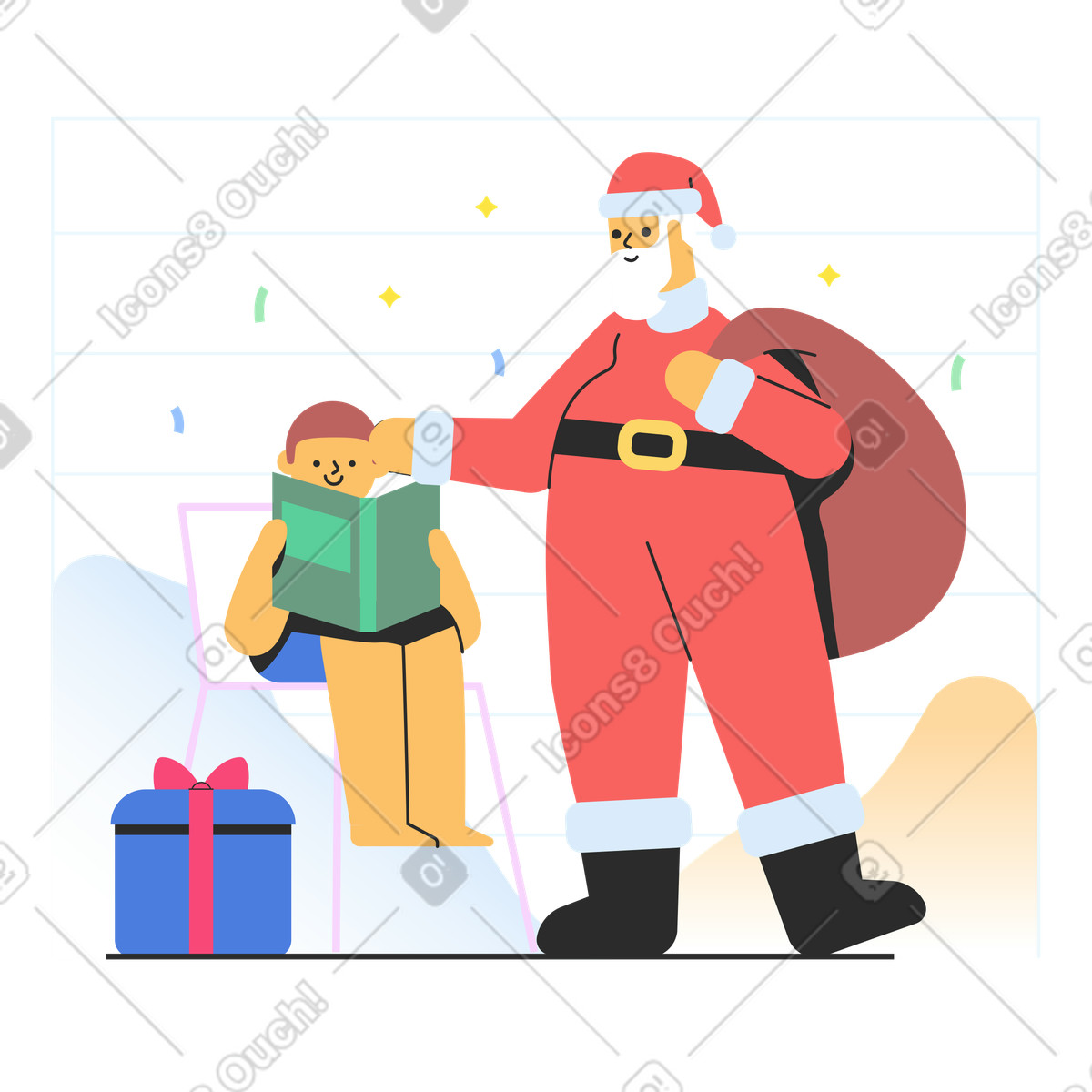 Illustration Père noël et garçon avec des cadeaux dans le style Marginalia à télécharger aux formats PNG, SVG