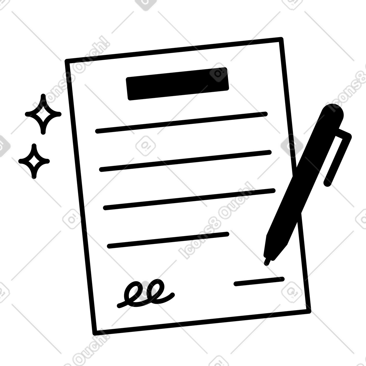 Illustration Contract document signature with pen and sparkles for legal agreement dans le style Notion Line Art à télécharger aux formats PNG, SVG