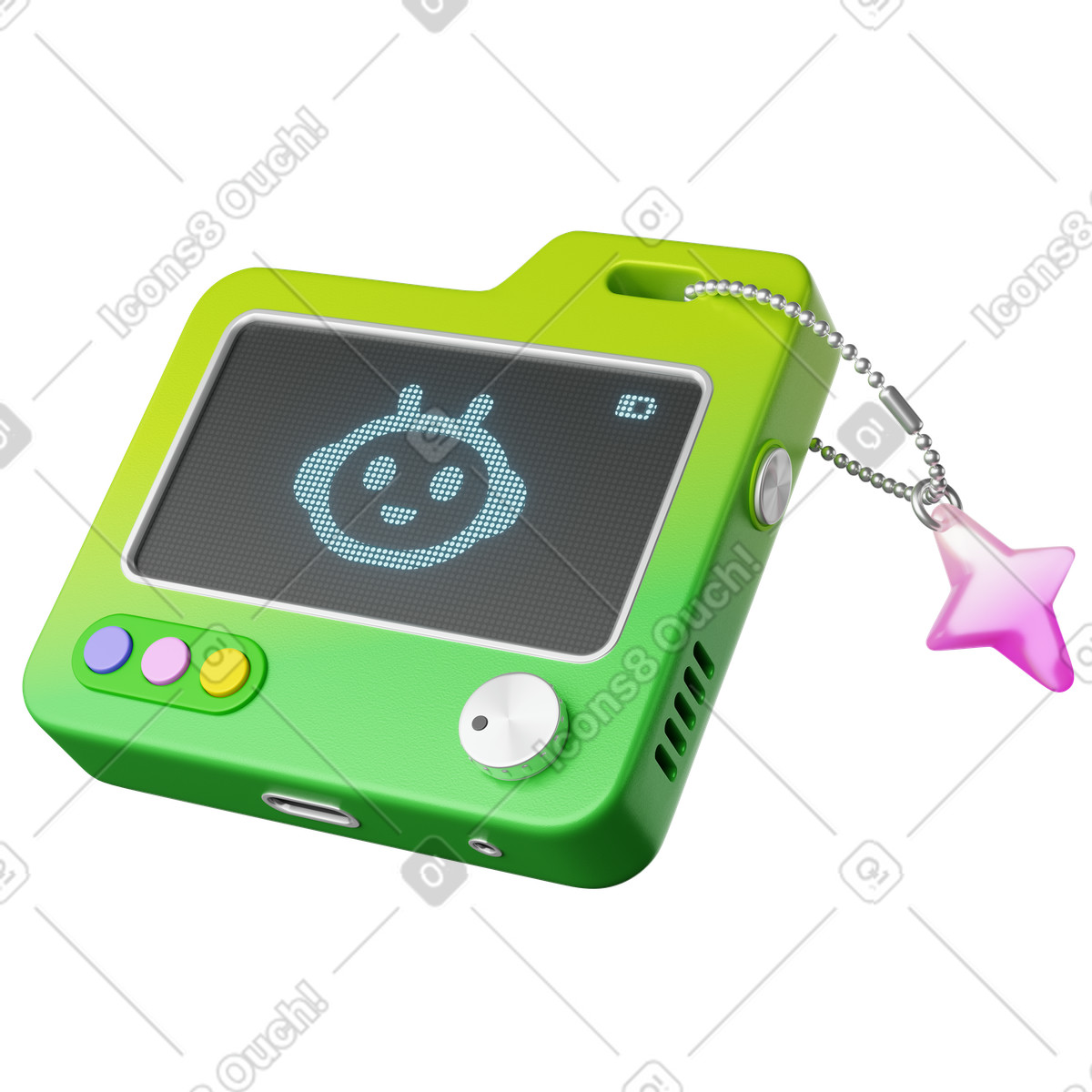 3D Plastic スタイルの Console device with chatbot face display and pink star charm のイラストをPNG、SVG形式でダウンロード