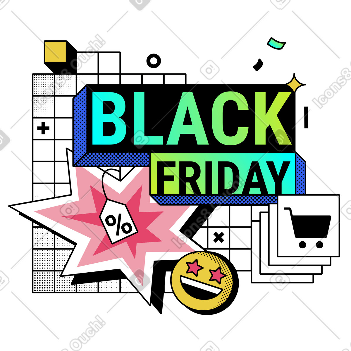 Ilustración Rebajas del black friday con grandes ofertas en estilo Memphis a descargar en PNG y SVG