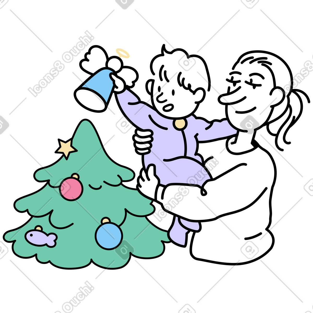 Woman helping child decorate Christmas tree illustration in Notes style download in PNG, SVG