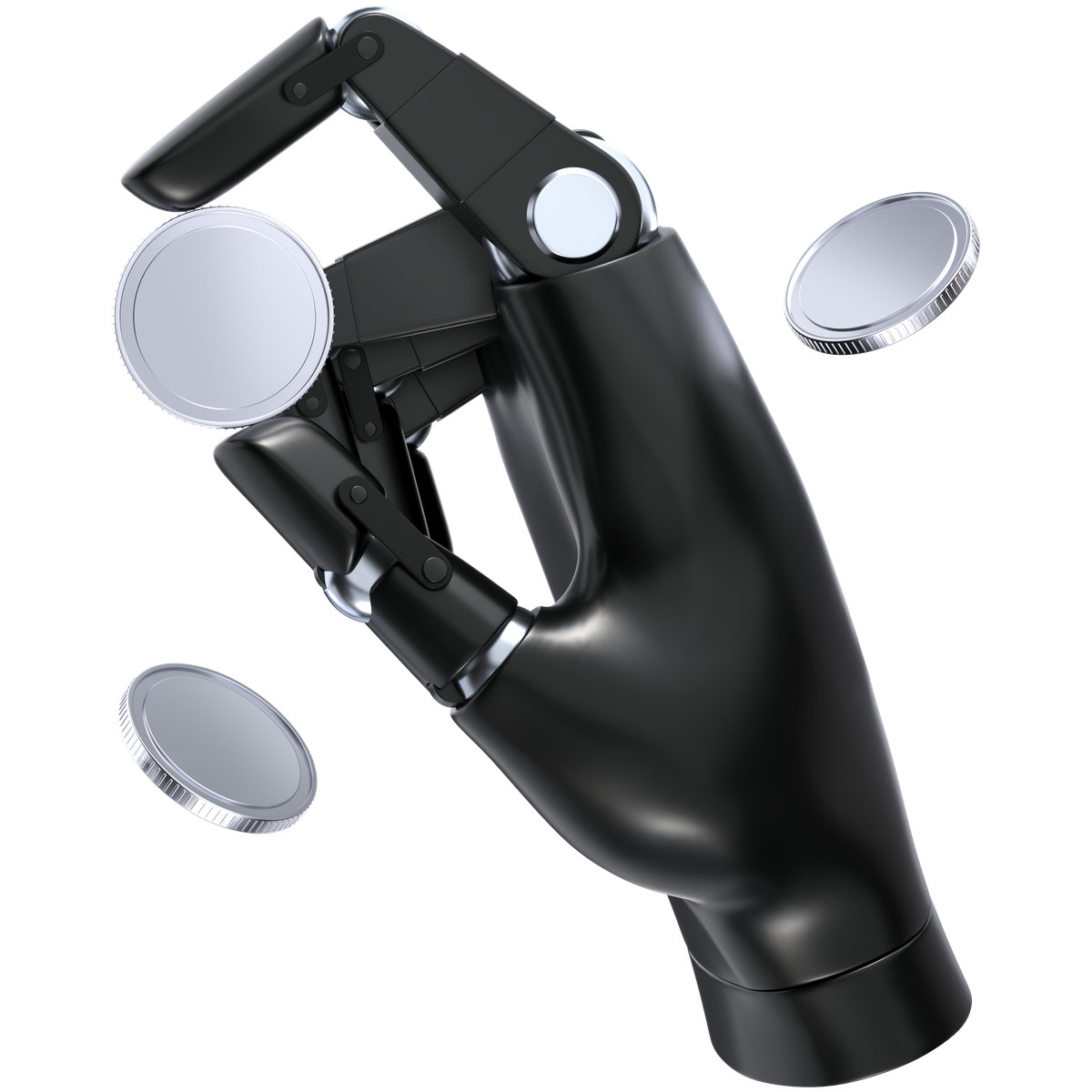 下载 3D Pro 风格的 机械手抛硬币、自动化交易活动、金融投资自动化 插画，支持 PNG、SVG 格式