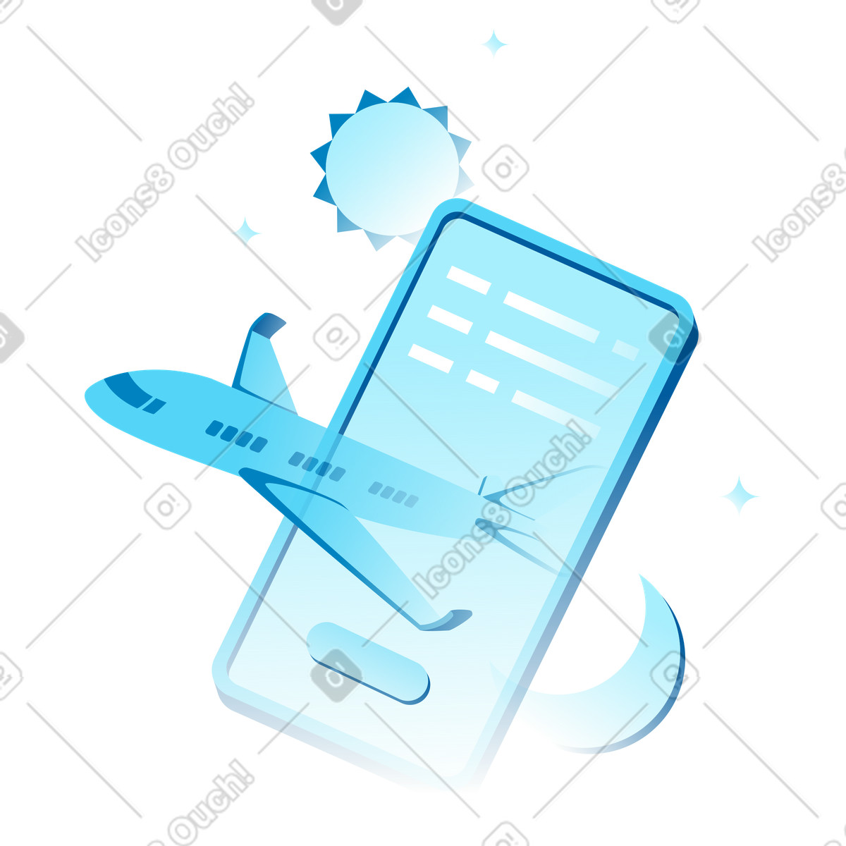 Buying airline tickets with mobile app illustration in Icy style download in PNG, SVG