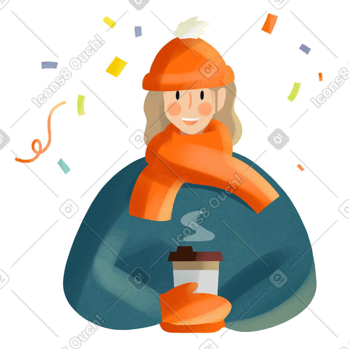 Young girl in jacket and orange hat with a glass of coffee her hands illustration Shine style download PNG, SVG