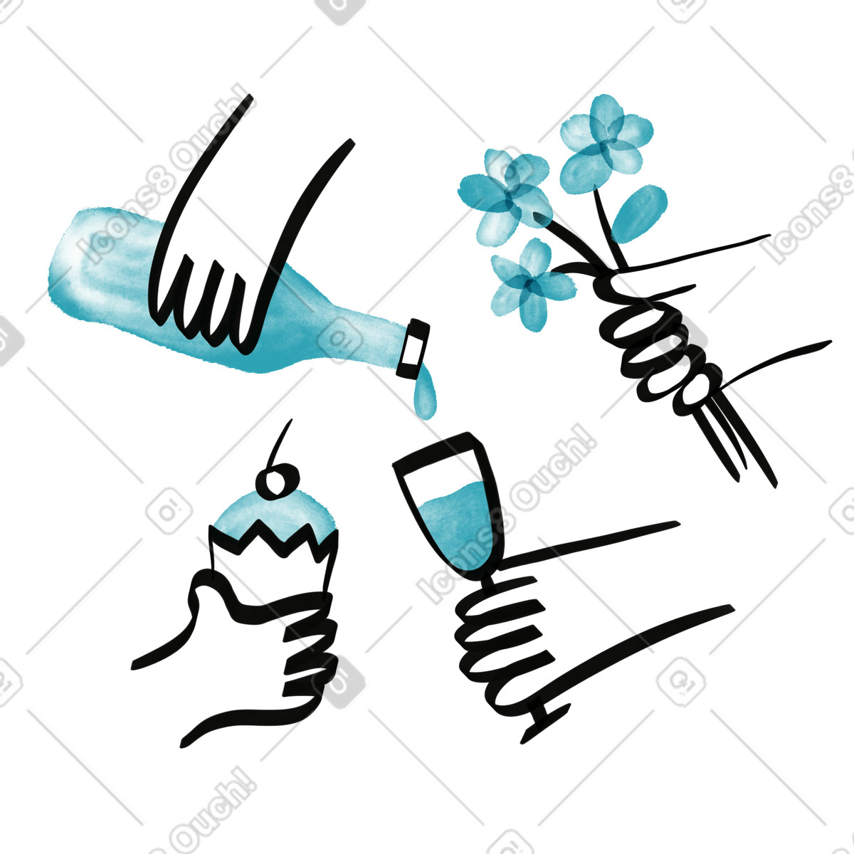 Party hands holding bottle cupcake champagne glass and flower bouquet illustrazione in stile Watercolor sketch scarica in PNG, SVG
