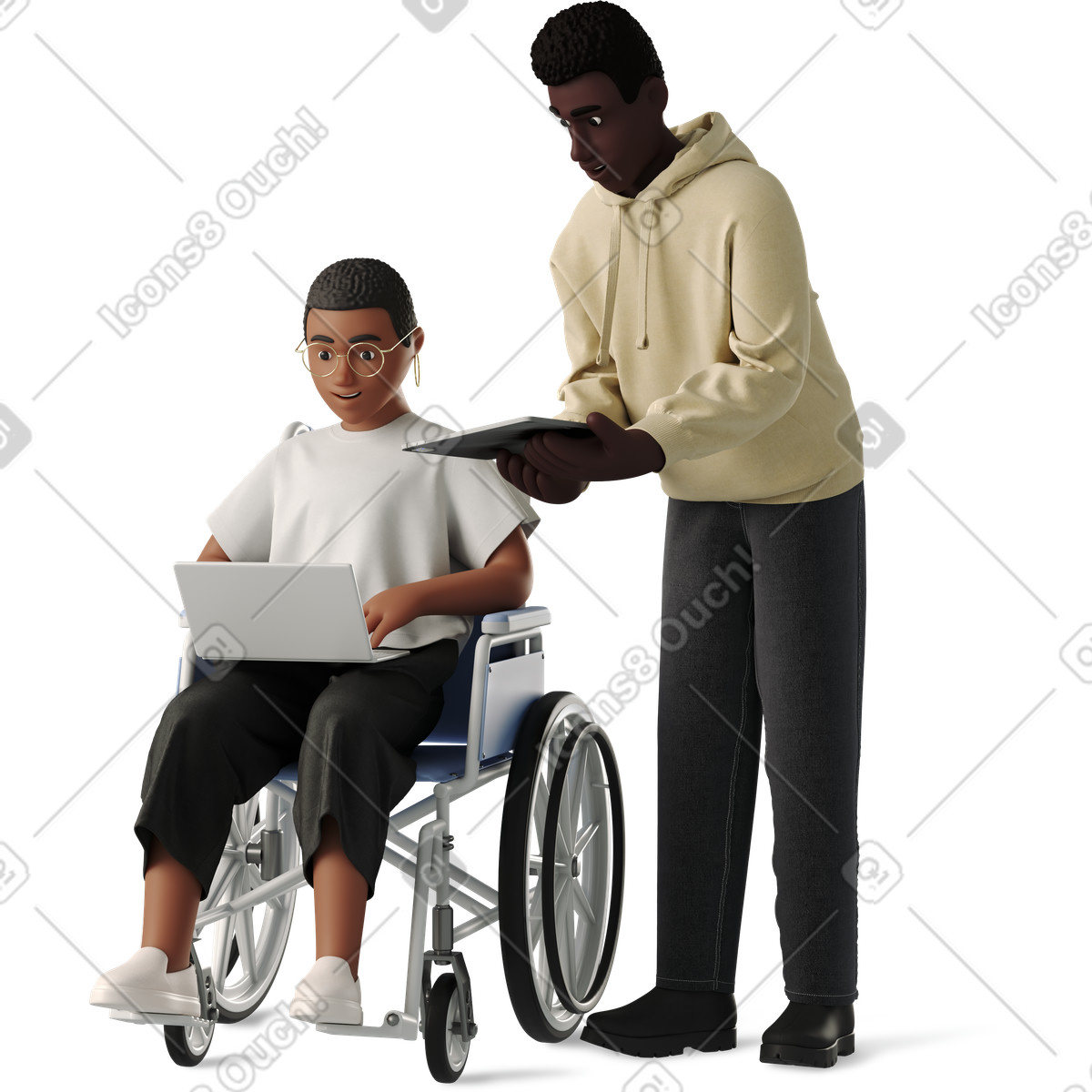Ilustração de Man and woman discussing working with laptop em no estilo 3D Business para baixar em PNG, SVG