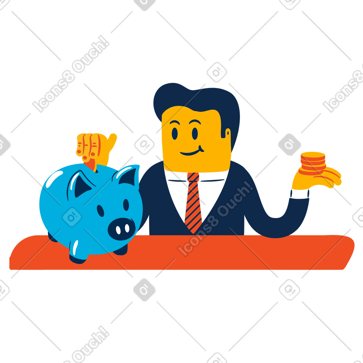 Flame スタイルの Businessman putting coins in a piggy bank のイラストをPNG、SVG形式でダウンロード