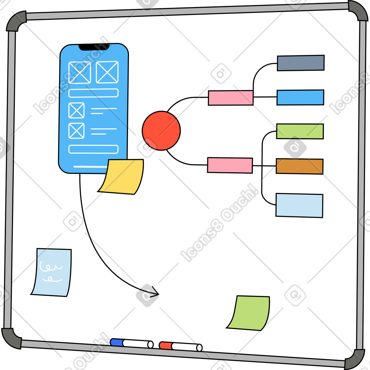 Board with mobile app development illustration in Kindy style download in PNG, SVG