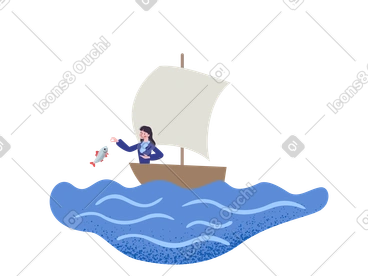 Woman in yacht catching fish PNG, SVG