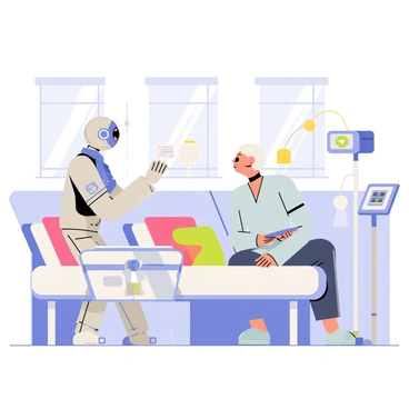 A robotic nurse with a sleek silver design and glowing blue accents is gently assisting an elderly person in a brightly lit, advanced hospital room. The elderly person, with white hair and wearing a light blue hospital gown, is sitting on a comfortable bed with colorful pillows. Various medical equipment, such as monitors and IV stands, are neatly arranged nearby. The walls of the hospital room are painted in a soft pastel color, and there are windows allowing natural light to flood in, creating a warm and welcoming atmosphere. The robotic nurse is holding a tablet and displaying information to the elderly person while offering a reassuring gesture.