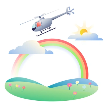 An R66 helicopter with a sleek silver body is flying towards a vibrant rainbow arching across the sky. The helicopter's rotor blades spin rapidly, creating a blur as it ascends. Below, a lush green landscape unfolds, dotted with colorful wildflowers. The rainbow features bright colors, including red, orange, yellow, green, blue, indigo, and violet, forming a perfect arc against a backdrop of fluffy white clouds. The sun shines brightly, casting light on both the helicopter and the rainbow, enhancing the vividness of the scene.