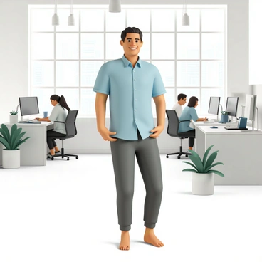 An office worker, wearing a light blue button-up shirt and dark grey trousers, is standing in a spacious, modern open-plan office. The worker is performing hip circles, with hands placed on their hips, smiling as they engage in this exercise. Around them, there are sleek desks with computers, green plants in the corners, and large windows allowing natural light to flood the space. Colleagues can be seen in the background, some sitting at their desks while others are chatting in small groups. The overall atmosphere is energetic and lively, reflecting a healthy work environment.