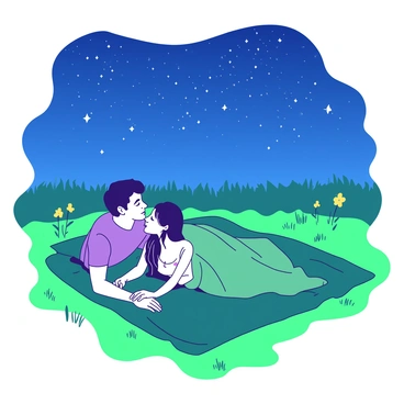 A couple is lying on a green blanket spread out in a vibrant field of grass. The sky above is deep blue and filled with countless stars twinkling brightly. The couple is gazing up at the stars, their faces illuminated by the starlight, showcasing expressions of wonder and connection. They are holding hands, fingers intertwined gently. Surrounding them are soft, green blades of grass, and a few wildflowers in shades of yellow and white scattered around the edges of the blanket.
