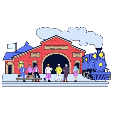 A historical train station with a red brick facade and large wooden doors. The platform is bustling with travelers wearing western attire, including cowboy hats and leather boots. Some travelers are standing while others are sitting on wooden benches. A vintage steam locomotive is visible in the background, emitting a puff of white steam. There are wooden signs displaying train schedules hanging above the platform. The sky is clear and bright, adding to the lively atmosphere of the scene.