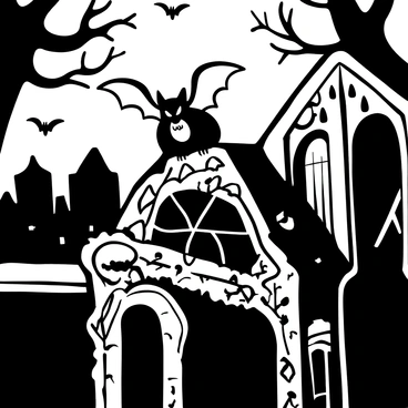 A close-up of a vampire bat with detailed wings and sharp features, perched on a gothic stone gargoyle. The gargoyle has intricate carvings and weathered textures, showcasing its age. The background is filled with silhouettes of dark trees under a twilight sky, adding to the ambiance. The scene is illuminated by the soft light of the twilight, creating shadows that enhance the ornate details of the gargoyle.