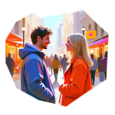 Two strangers with distinct features are exchanging smiles on a busy city street. One stranger has curly dark hair and is wearing a blue jacket, while the other has straight blonde hair and is dressed in a red coat. The background is filled with blurred figures of pedestrians, colorful storefronts, and light posts lining the street. The setting is illuminated by the warm glow of sunlight filtering through the buildings, creating a lively urban atmosphere. Their smiles convey a moment of connection amidst the bustling crowd.