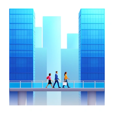 Pedestrians strolling on skybridges connecting skyscrapers