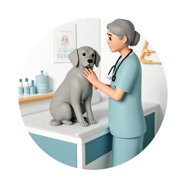 A veterinarian, wearing a light blue scrubs and a stethoscope around her neck, is gently examining an elderly golden retriever. The golden retriever is sitting on an examination table, showcasing its gray-tinted fur and soulful eyes. The vet is attentively looking at the dog, placing her hand softly on its back for comfort. The room is well-lit, with medical tools neatly arranged on a nearby counter, and a poster of dog anatomy is visible on the wall. The atmosphere conveys a sense of care and compassion.