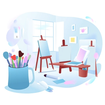 An art studio filled with natural light pouring in from a large window. In one corner, there is a "tote bag" overflowing with various "paintbrushes" of different sizes, each resting beside several "sketchbooks" with colorful covers. The walls are adorned with "paintings" and "drawings" of various styles, creating a vibrant atmosphere. A "wooden easel" stands ready with a canvas, and scattered "art supplies" are arranged neatly on a "table" beside the tote bag.