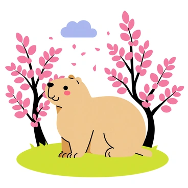 A capybara sitting on a patch of lush green grass in a spring garden. The capybara has soft, light brown fur and a gentle expression on its face. Surrounding the capybara are numerous cherry blossom trees, their branches heavy with pink flowers, creating a vibrant backdrop. Petals gently fall from the trees, adding a touch of whimsy to the scene. The sky above is a clear blue, enhancing the bright and cheerful atmosphere of the garden.