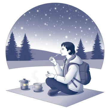 A traveler is seated on a camping mat, enjoying a bowl of couscous. The traveler is wearing a light jacket and has a small camping stove beside them. A spoon is in their hand, poised to take a bite. Above, the night sky is filled with countless stars, twinkling brightly. A few scattered pine trees silhouette against the sky in the background. The scene conveys the tranquility of a camping experience in nature.