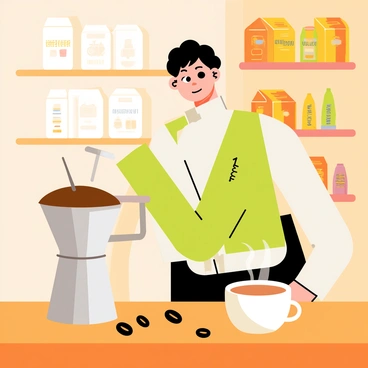 A coffee lover is standing at a wooden countertop, gazing with appreciation at a shiny silver portafilter filled with rich, dark espresso. The espresso has a thick, creamy layer of crema on top. There are coffee beans scattered around the portafilter, adding texture to the scene. The background features a cozy coffee shop environment with warm lighting and shelves filled with various coffee bags. A steaming cup of coffee sits nearby, ready to be enjoyed.
