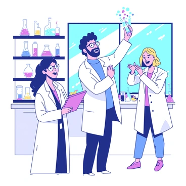 A group of three scientists is standing in a bright laboratory, all wearing white lab coats. One scientist, a woman with glasses and dark hair tied back, is holding a clipboard and smiling broadly while looking at her colleagues. Another scientist, a man with curly hair and a beard, is raising a test tube filled with a glowing blue liquid in one hand, while giving a thumbs up with the other hand. The third scientist, a woman with short blonde hair, is clapping her hands together in excitement. In the background, there are shelves filled with colorful glass beakers and scientific instruments. A large window allows natural light to fill the room.