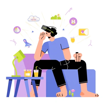 A young gamer with short black hair is sitting in a cozy room, wearing a black VR headset. The gamer is dressed in a bright blue t-shirt and black sweatpants. Around the gamer, colorful holographic images of various game characters and landscapes are floating in the air, creating an immersive virtual world. A green and purple neon light emanates from the headset. A soft beanbag chair and a small table with snacks, a drink, and a game controller are positioned nearby, completing the setting.