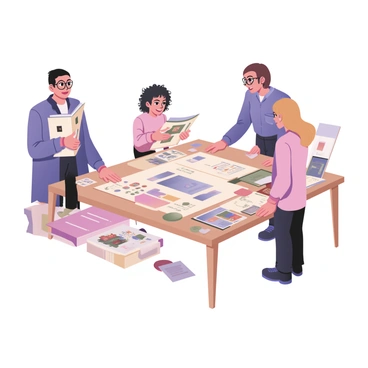 A digital flat illustration featuring an illustration teacher standing at a large table, engaged with a group of students. The teacher has short brown hair and is wearing glasses, a blue shirt, and dark jeans. They are pointing at a large piece of paper on the table filled with colorful sketches and notes. The students, three in total, are gathered around the table, each contributing their ideas. One student has curly black hair and is holding a magazine with images, while another student has straight blond hair, looking closely at a sketchbook. The third student, with long brown hair, is cutting out shapes from colored paper. Various images and concepts are scattered on the table, including illustrations, magazines, and colored papers, creating a vibrant atmosphere of creativity and collaboration.