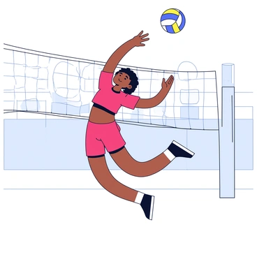 A volleyball player is in mid-air, performing a spike over a net. The player is wearing a bright red jersey and matching shorts. Their expression shows focus and determination. The ball, which is white with blue and yellow panels, is just above the player's hand, ready to be struck. The net is taut and positioned in the center of the image, with a blurred background of a gymnasium, emphasizing the action.