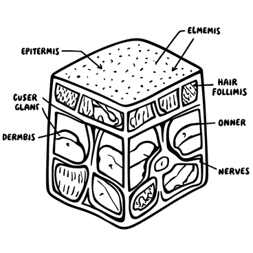 An illustration of human skin layers, showcasing the outer epidermis, the middle dermis, and the inner hypodermis. The illustration includes embedded organs such as "sweat glands" and "hair follicles," clearly labeled for easy identification. The texture of the skin is detailed, displaying small contours and variations to represent realism. Additionally, "blood vessels" and "nerves" are depicted within the dermis, illustrating their connection to the skin.