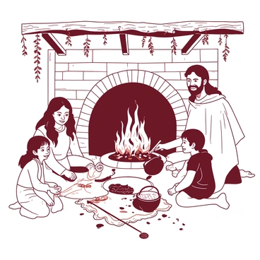A group of four people, consisting of two adults and two children, is gathered around a large, rustic Anglo-Saxon hearth. The hearth is made of stone, with a fire crackling warmly in the center, casting a soft glow on their faces. One adult, a woman, is sitting cross-legged on a woven mat, stirring a pot hanging over the fire, while the other adult, a man, is leaning against the hearth, smiling. The children, a boy and a girl, are seated on the ground, playfully poking at the fire with sticks. Above the hearth, wooden beams are visible, and various herbs are hung to dry from the ceiling. The warm light from the fire highlights the textures of their simple, historical clothing.