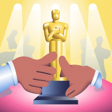 A close-up of a golden Oscar trophy is held in the hands of a person with medium skin tone. The trophy is prominently displayed, reflecting the bright lights of the stage, creating a shimmering effect on its surface. The winner’s fingers gently wrap around the base of the trophy, showcasing polished nails. In the background, blurred outlines of a stage with glowing spotlights can be seen, providing context to the celebratory moment. The warm glow of golden light enhances the trophy's details and the overall ambiance of the scene.