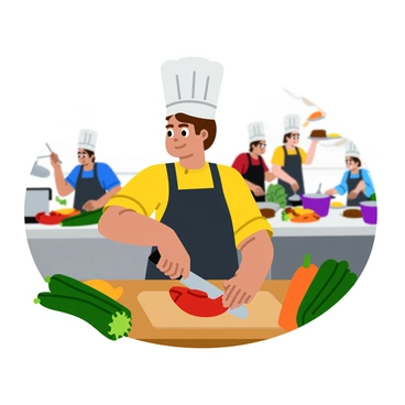 A chef with a tall white hat and a dark apron is chopping colorful vegetables on a wooden cutting board. The chef's focused expression shows concentration as they slice through a red bell pepper, surrounded by a variety of other vegetables, including green zucchini and orange carrots. In the background, other cooks are bustling around, stirring pots and plating dishes, creating a lively kitchen atmosphere filled with cooking utensils and ingredients. The lighting is bright, highlighting the vibrant colors of the vegetables and the chef's swift movements.