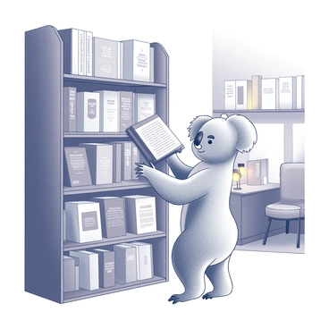 A koala standing on its hind legs, inspecting a bookshelf in a cozy bookstore. The shelves are filled with an array of books, displaying various titles and sizes. The koala's furry face is focused on a book, and its paws are gently resting against the edge of the shelf. Behind the koala, there are more shelves lined with books, and a small reading nook with a comfortable chair and a warm lamp can be seen in the background. The scene captures a warm and inviting atmosphere.