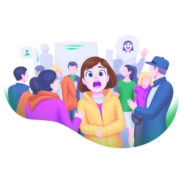 A modern pastel illustration depicting a bustling crowd with various individuals. In the foreground, a person with wide eyes and an open mouth expresses surprise. They are wearing a bright yellow jacket and have short brown hair. The crowd consists of people in diverse outfits, including a woman with a red scarf and a man in a blue hat. Among the crowd, a familiar face is visible, standing out with a warm smile and waving from a distance. The background features blurred figures to emphasize the surprised person's reaction.