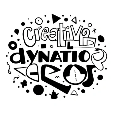 An intricate arrangement of various typography styles interactively displayed on a large canvas. The letters in "creative" are stacked and overlapping, with some letters playful and tilted, while others are bold and straight. "Dynamic" is showcased with swirling lines connecting it to "artistic," which is surrounded by geometric shapes that vary in size. Each word is distinct yet harmoniously integrated into the overall composition, creating a sense of movement.