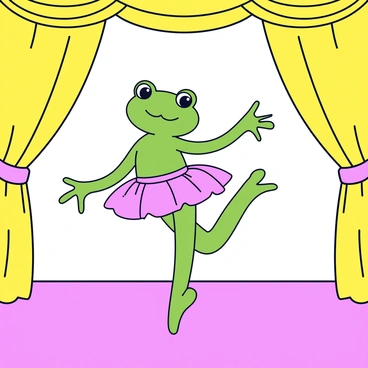 A frog ballerina en pointe on a Victorian stage. The frog has bright green skin and large, expressive eyes. It is wearing a delicate pink tutu that flares out around its body, accentuating its petite figure. The stage is adorned with golden drapes and intricate floral patterns, creating an elegant backdrop. Soft spotlights illuminate the frog, highlighting its poised stance and the intricate details of the tutu.