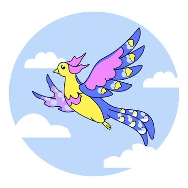 A mythical bird in flight with its wings spread wide. The wings feature intricate patterns that resemble flowing lines, curves, and floral designs. The bird has a vibrant plumage with colors blending seamlessly, capturing the essence of its mystical nature. It is soaring against a clear blue sky, with fluffy white clouds in the background. The tail feathers trail behind elegantly, enhancing the sense of motion and grace.