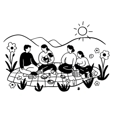 A family gathered around a checkered picnic blanket spread out in a sunlit meadow. The blanket is covered with an assortment of food items, including sandwiches, fruit, and drinks. The family consists of two adults and two children, sitting together, with a wicker picnic basket nearby. Surrounding them are various wildflowers blossoming in a natural arrangement. In the background, there are gentle rolling hills, and the sun is shining brightly in the clear sky.