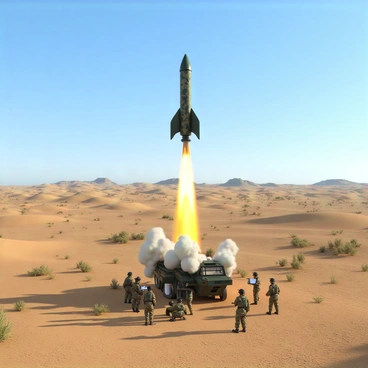 A missile is being launched from a solid, mobile platform in the foreground, with smoke and flames erupting from the base. The missile is sleek, with a pointed nose and military camouflage patterns. In the background, the vast desert landscape stretches out under a clear blue sky. There are rolling sand dunes and sparse vegetation, with a few rocky formations in the distance. A group of military personnel is positioned nearby, observing and taking notes. The sun casts sharp shadows, emphasizing the dramatic scene of the launch.