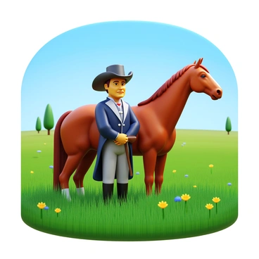 "Sam Houston" standing proudly next to his horse in a grassy Texan field. He is wearing a 19th-century military uniform with a long coat and a broad-brimmed hat. The horse is a large chestnut with a shiny coat, standing tall and alert beside him. The field is filled with tall green grass and dotted with wildflowers under a clear blue sky. "Sam Houston" has a confident expression, and there are a few scattered trees in the background, completing the Texan landscape.