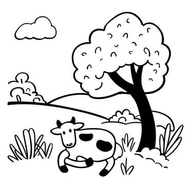 A two-headed calf lying comfortably on the grass, positioned beneath a large, leafy tree that provides shade. The tree has thick branches and a wide canopy. In the background, rolling hills are visible, dotted with various types of flora, including bushes and tall grasses. The overall scene is filled with a sense of openness and tranquility, with the sunlight filtering through the leaves, casting intricate shadows on the ground.