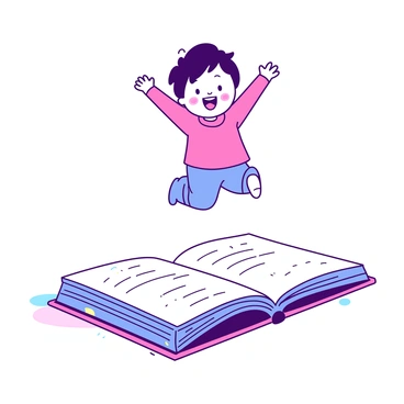 A small character with a big smile is jumping over a large open textbook. The character has round features, with bright eyes and a colorful outfit. The textbook is resting on a flat surface, its pages slightly fanned out. The background is minimal, focusing attention on the interaction between the character and the textbook. The character is mid-air, with one leg raised high and arms outstretched in a joyful manner.